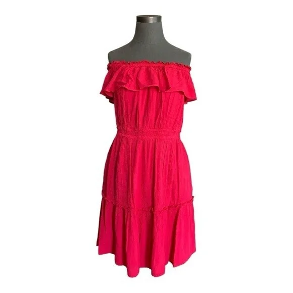 TOMMY BAHAMA Womens Dress S Fuchsia Pink Off Shoulder Ruffle Mini Rayon Modal - Picture 2 of 6